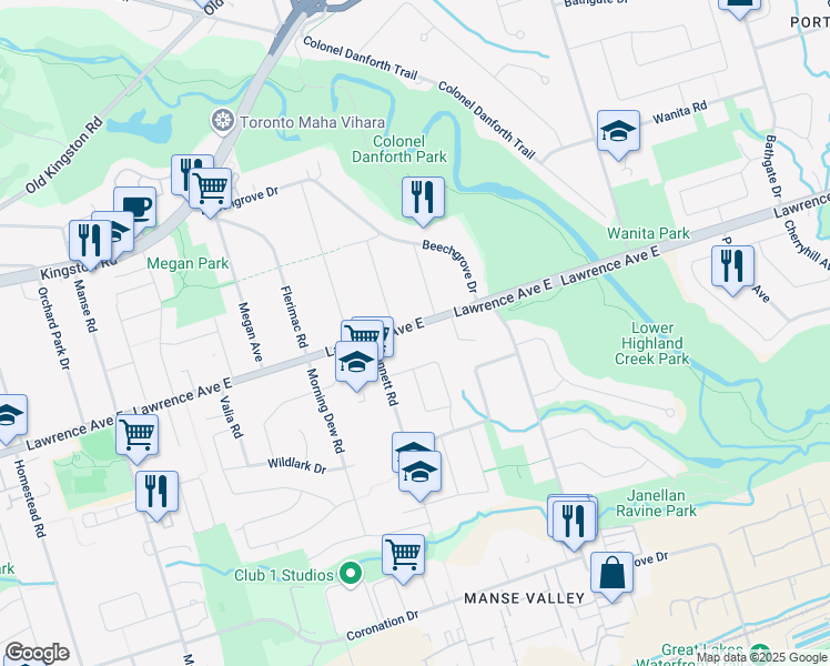 map of restaurants, bars, coffee shops, grocery stores, and more near 4439 Lawrence Avenue East in Toronto