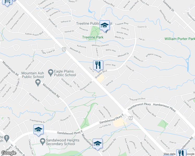 map of restaurants, bars, coffee shops, grocery stores, and more near 75 Braydon Boulevard in Brampton