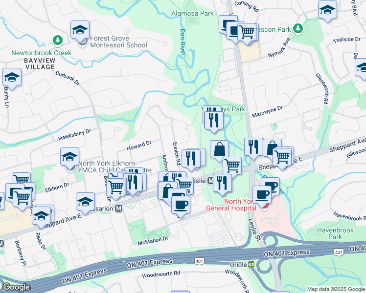 map of restaurants, bars, coffee shops, grocery stores, and more near 5 Clarinda Drive in Toronto