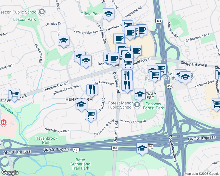 map of restaurants, bars, coffee shops, grocery stores, and more near 40 Farmview Crescent in Toronto