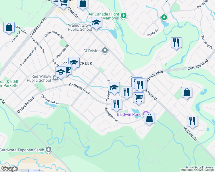 map of restaurants, bars, coffee shops, grocery stores, and more near 151 Calderstone Road in Brampton