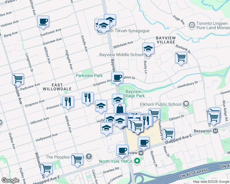 map of restaurants, bars, coffee shops, grocery stores, and more near 2970A Bayview Avenue in Toronto