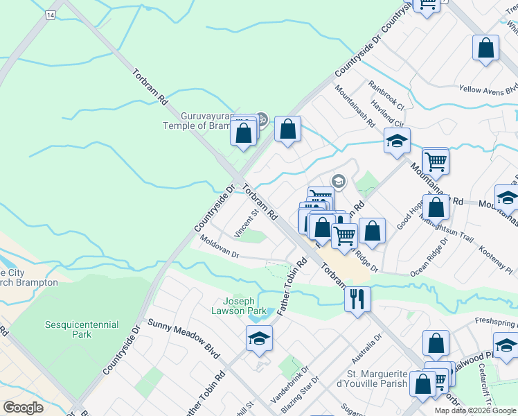 map of restaurants, bars, coffee shops, grocery stores, and more near Connolly Crescent in Brampton