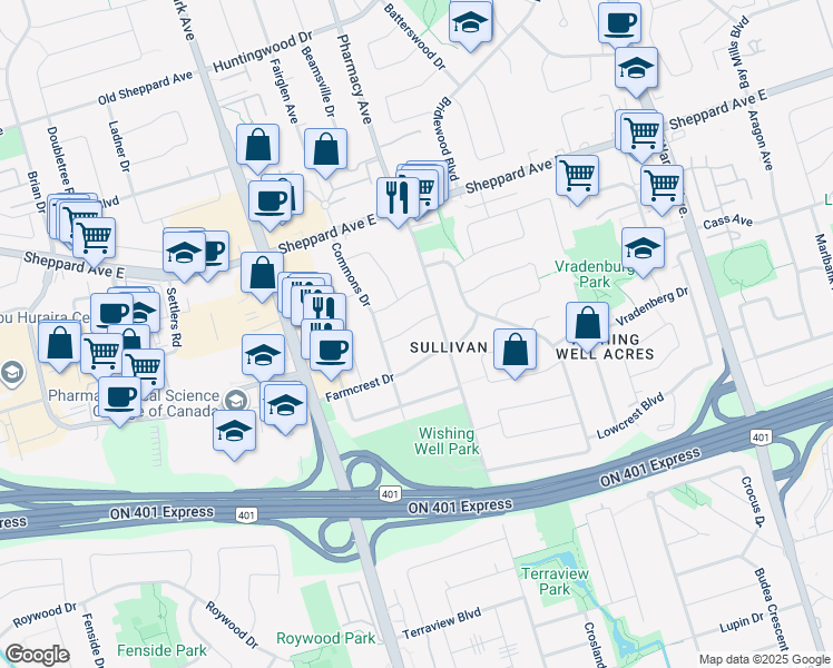 map of restaurants, bars, coffee shops, grocery stores, and more near 15 Dobbin Road in Toronto