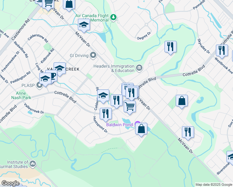 map of restaurants, bars, coffee shops, grocery stores, and more near 9 Baylawn Circle in Brampton