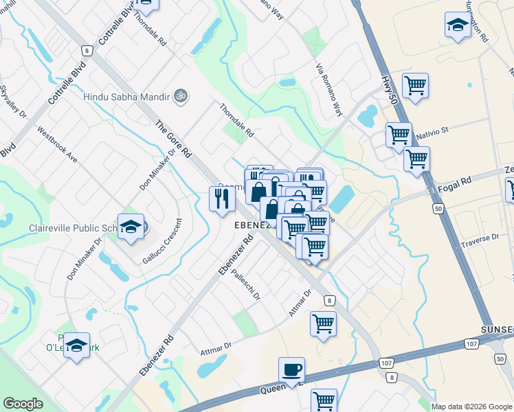 map of restaurants, bars, coffee shops, grocery stores, and more near 4550 Ebenezer Road in Brampton