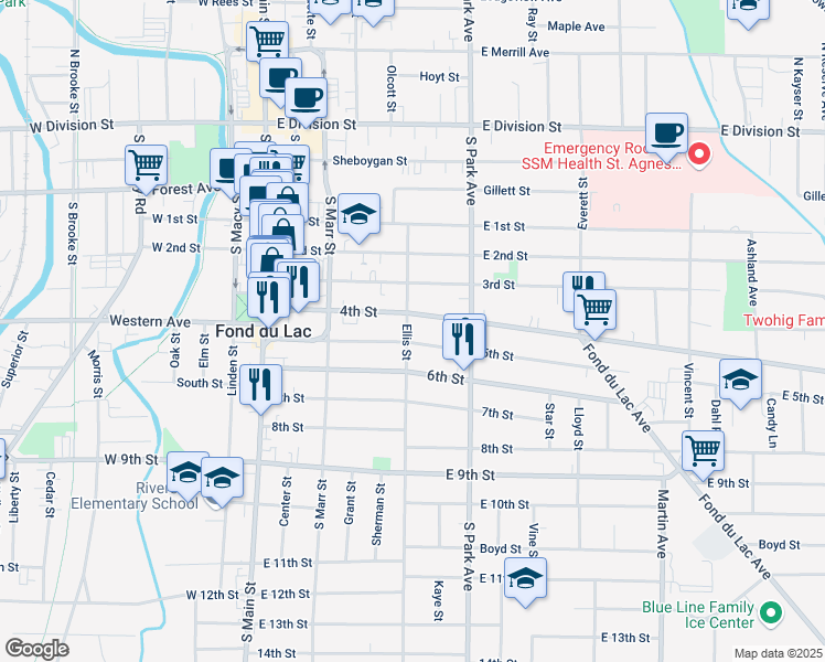 map of restaurants, bars, coffee shops, grocery stores, and more near 205 Ellis Street in Fond du Lac