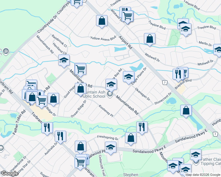 map of restaurants, bars, coffee shops, grocery stores, and more near 36 Lucky Lane in Brampton