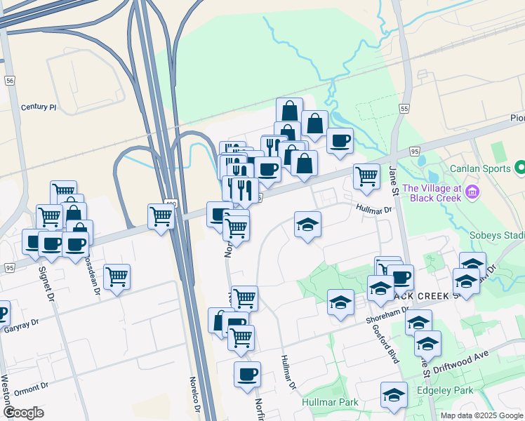 map of restaurants, bars, coffee shops, grocery stores, and more near 4325 Steeles Avenue West in Toronto