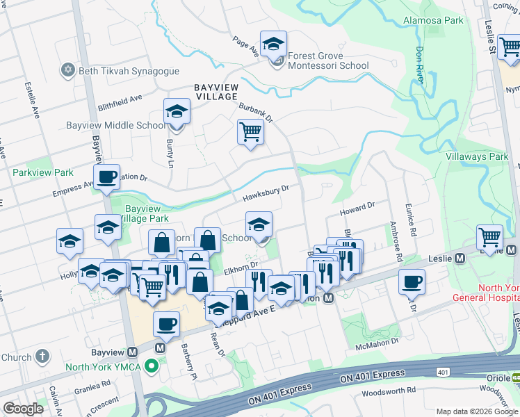 map of restaurants, bars, coffee shops, grocery stores, and more near 34 Morewood Crescent in Toronto