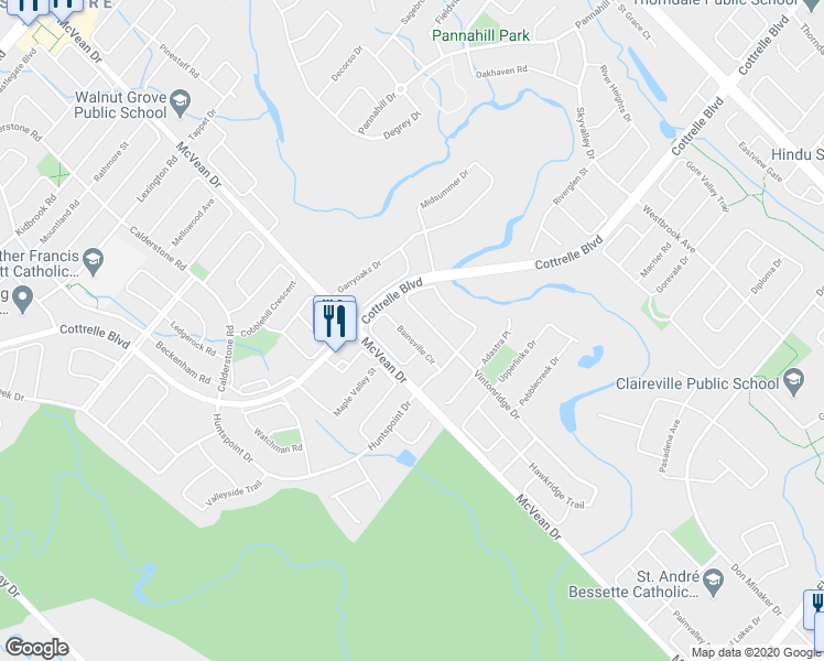map of restaurants, bars, coffee shops, grocery stores, and more near 20 Bainsville Circle in Brampton