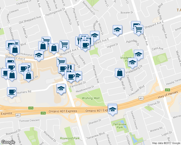 map of restaurants, bars, coffee shops, grocery stores, and more near 15 Dobbin Road in Toronto