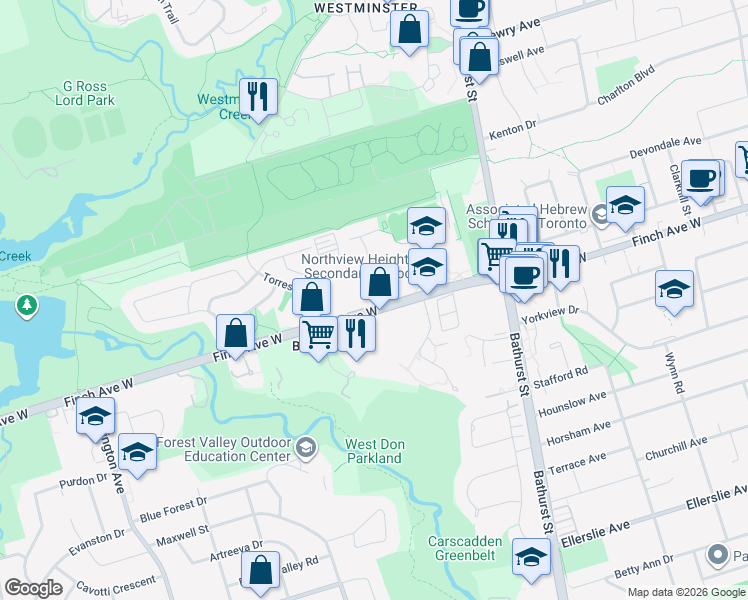 map of restaurants, bars, coffee shops, grocery stores, and more near 4 Virgilwood Drive in Toronto