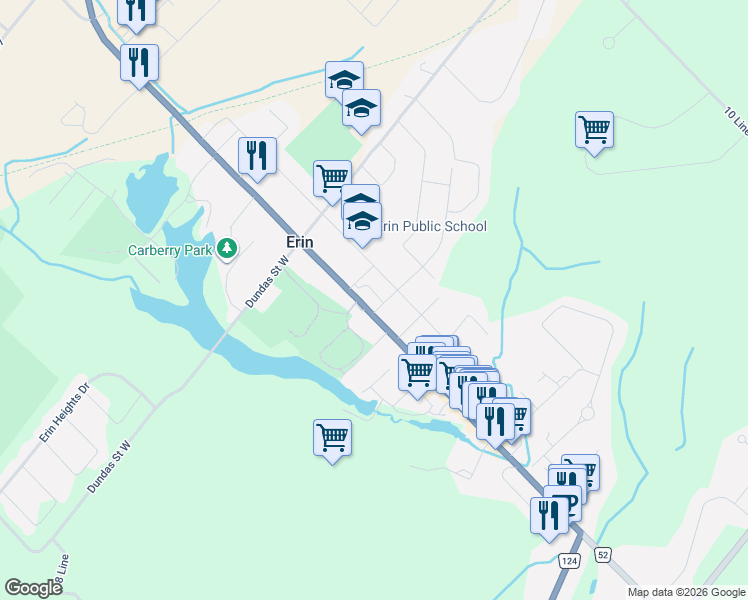 map of restaurants, bars, coffee shops, grocery stores, and more near 185 Main Street in Erin