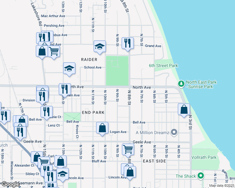 map of restaurants, bars, coffee shops, grocery stores, and more near 2621 North 9th Street in Sheboygan