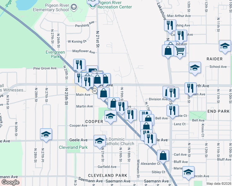 map of restaurants, bars, coffee shops, grocery stores, and more near 2613 North 20th Street in Sheboygan
