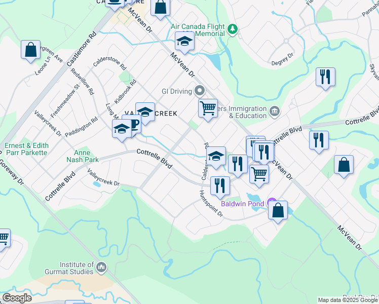 map of restaurants, bars, coffee shops, grocery stores, and more near 13 Ledgerock Road in Brampton