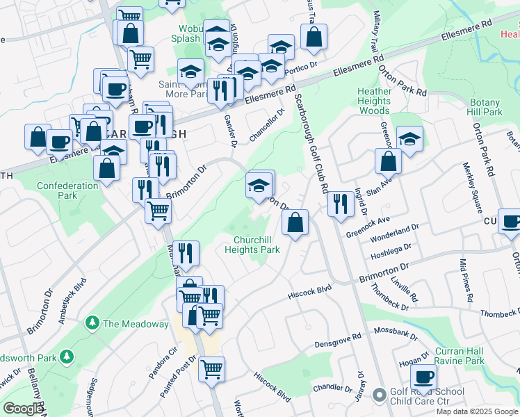 map of restaurants, bars, coffee shops, grocery stores, and more near 749 Brimorton Drive in Toronto