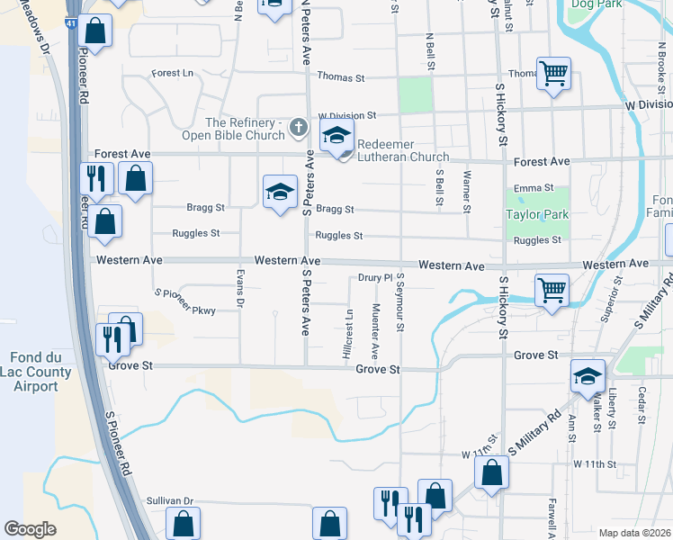 map of restaurants, bars, coffee shops, grocery stores, and more near 602 Western Ave in Fond du Lac