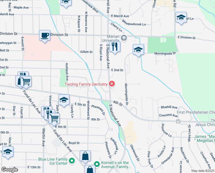 map of restaurants, bars, coffee shops, grocery stores, and more near 192 South National Avenue in Fond du Lac