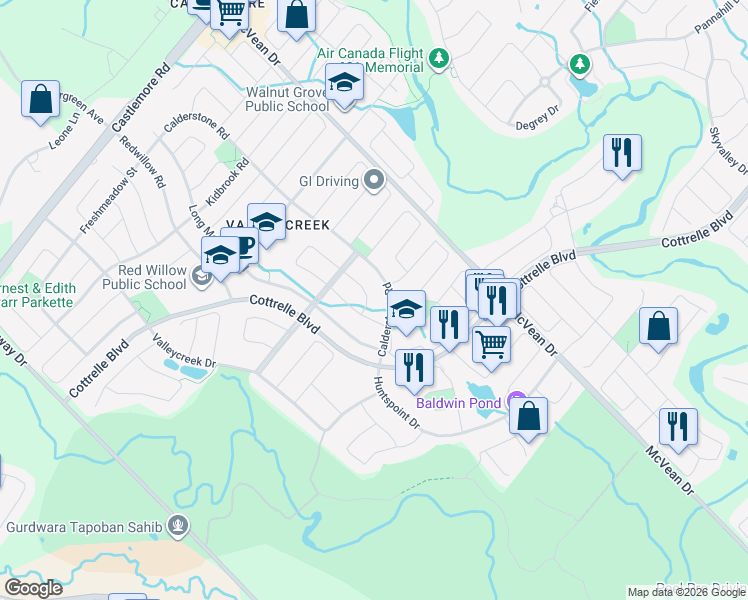 map of restaurants, bars, coffee shops, grocery stores, and more near 151 Calderstone Road in Brampton