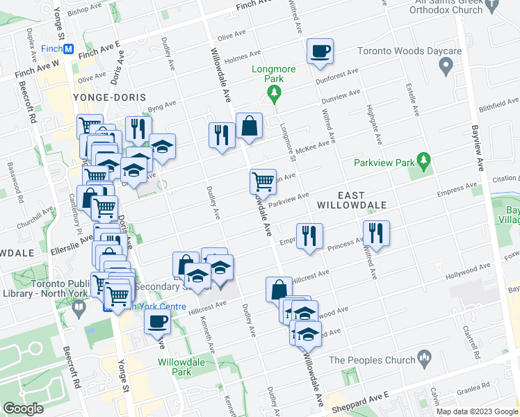map of restaurants, bars, coffee shops, grocery stores, and more near 161 Parkview Avenue in Toronto