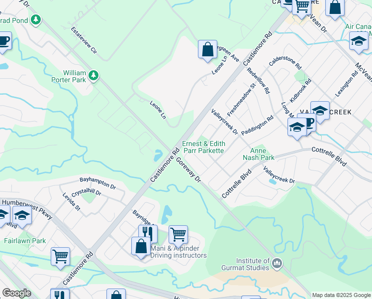 map of restaurants, bars, coffee shops, grocery stores, and more near 32 Springwood Heights Crescent in Brampton