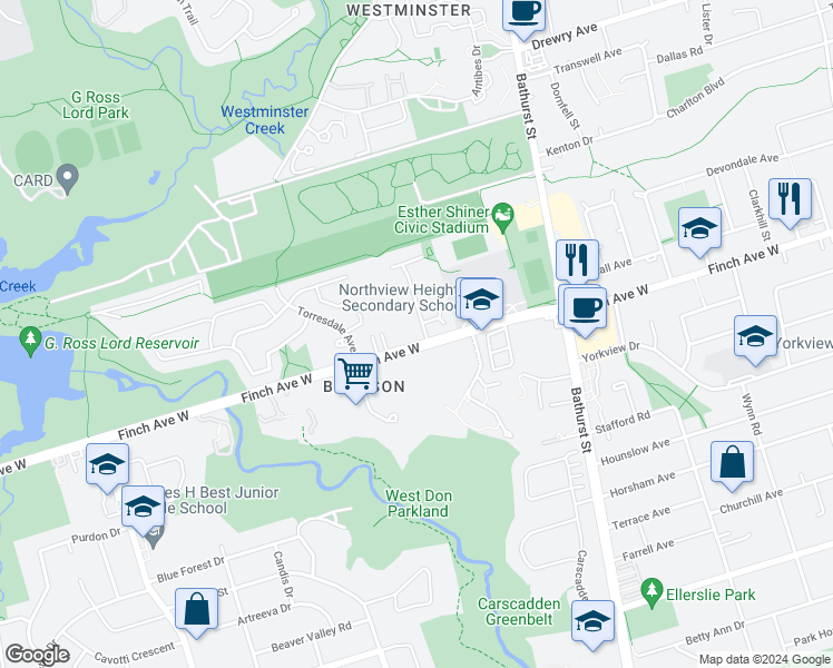 map of restaurants, bars, coffee shops, grocery stores, and more near 4 Virgilwood Drive in Toronto