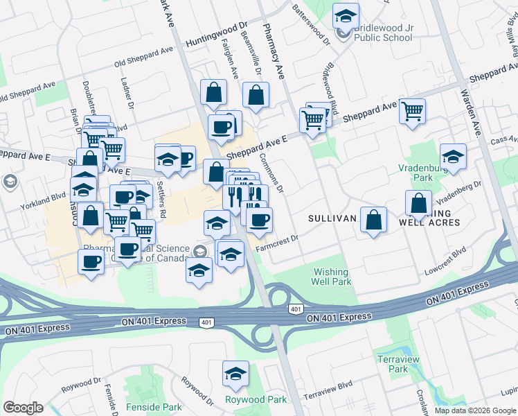 map of restaurants, bars, coffee shops, grocery stores, and more near 20 Nobert Road in Toronto