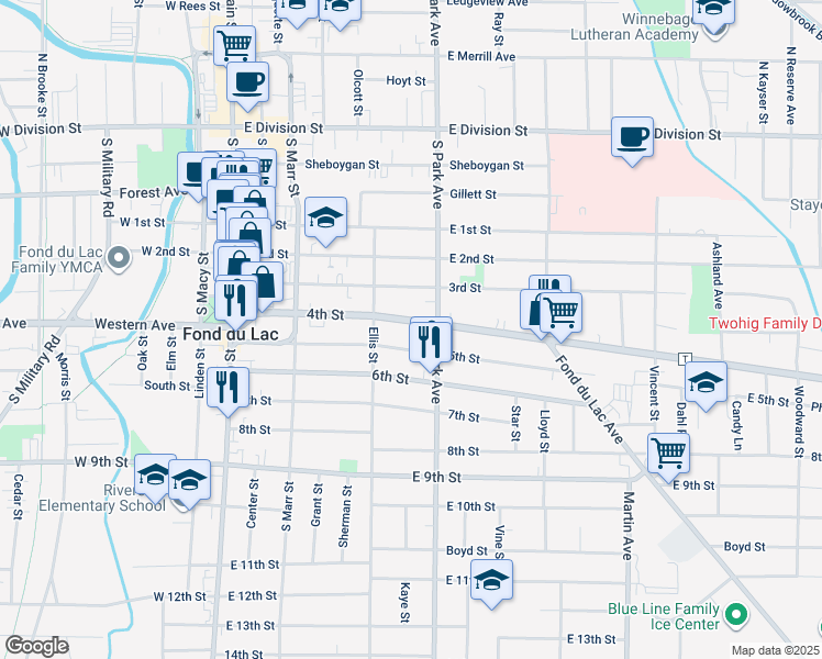 map of restaurants, bars, coffee shops, grocery stores, and more near 182 4th Street in Fond du Lac