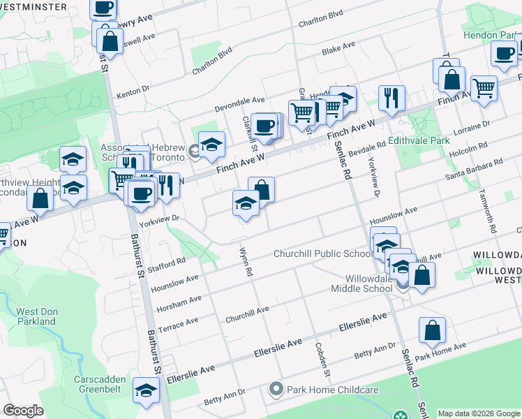 map of restaurants, bars, coffee shops, grocery stores, and more near in Toronto