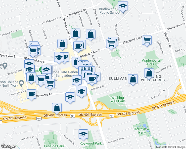 map of restaurants, bars, coffee shops, grocery stores, and more near 20 Nobert Road in Toronto