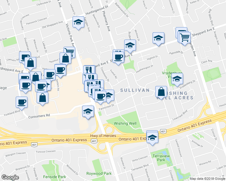 map of restaurants, bars, coffee shops, grocery stores, and more near 29 Commons Drive in Toronto