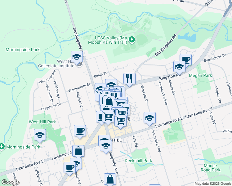 map of restaurants, bars, coffee shops, grocery stores, and more near 4560 Kingston Road in Toronto