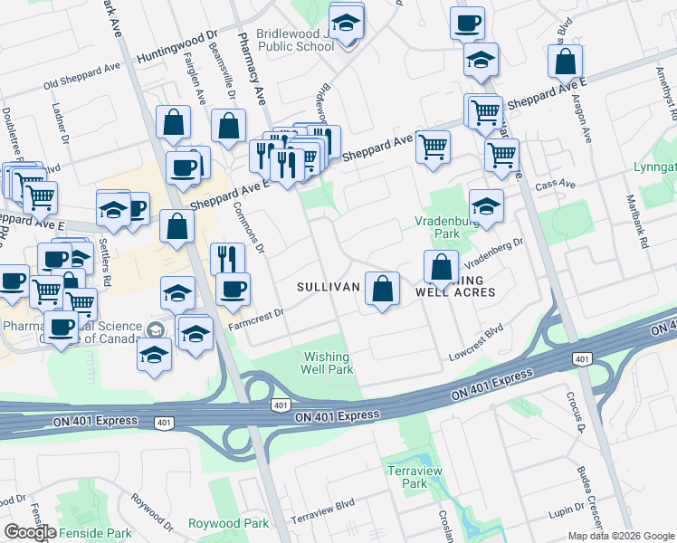 map of restaurants, bars, coffee shops, grocery stores, and more near 48 Farmcrest Drive in Toronto