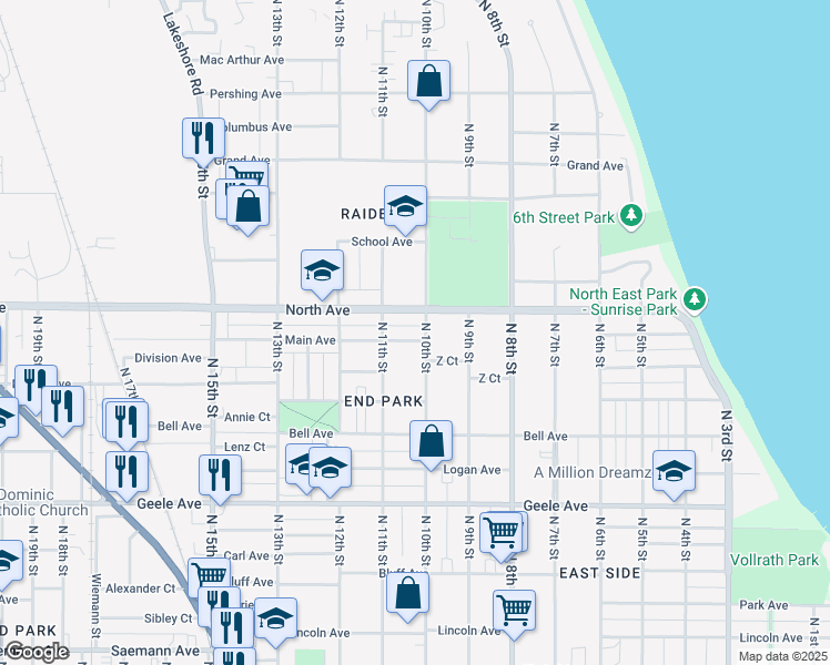 map of restaurants, bars, coffee shops, grocery stores, and more near 1020 Main Avenue in Sheboygan