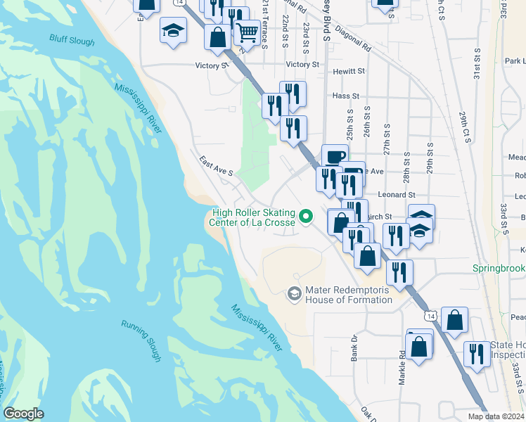 map of restaurants, bars, coffee shops, grocery stores, and more near in La Crosse