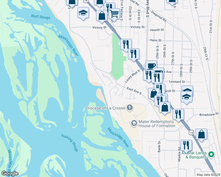 map of restaurants, bars, coffee shops, grocery stores, and more near 3451 Linbridge Court in La Crosse