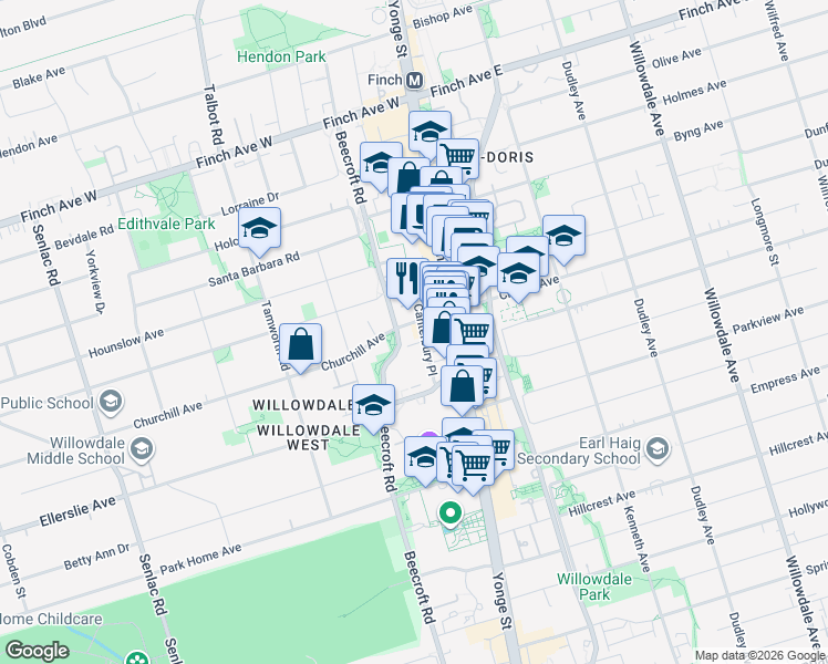 map of restaurants, bars, coffee shops, grocery stores, and more near 30 Canterbury Place in Toronto