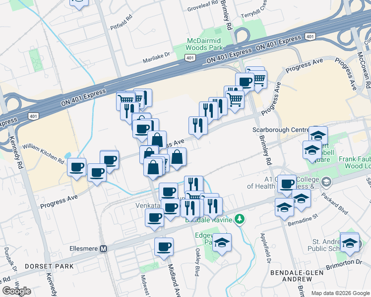 map of restaurants, bars, coffee shops, grocery stores, and more near 305 Progress Avenue in Toronto