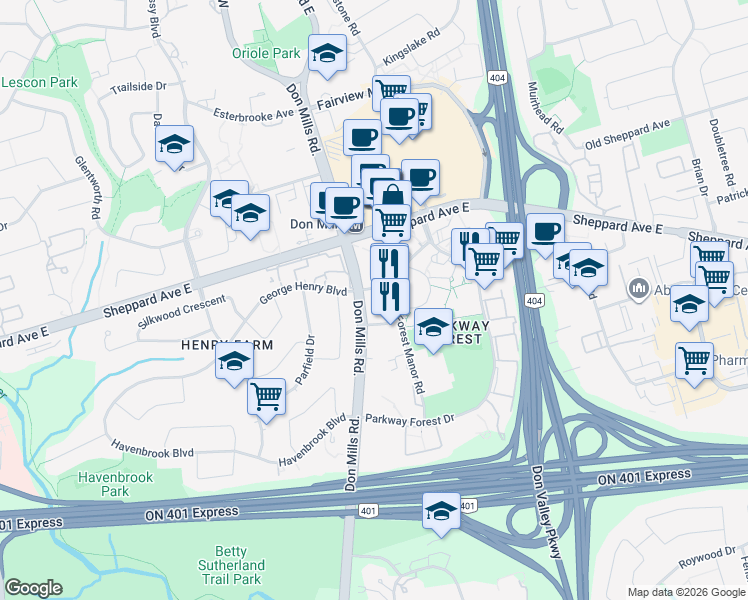 map of restaurants, bars, coffee shops, grocery stores, and more near 52 Forest Manor Road in Toronto