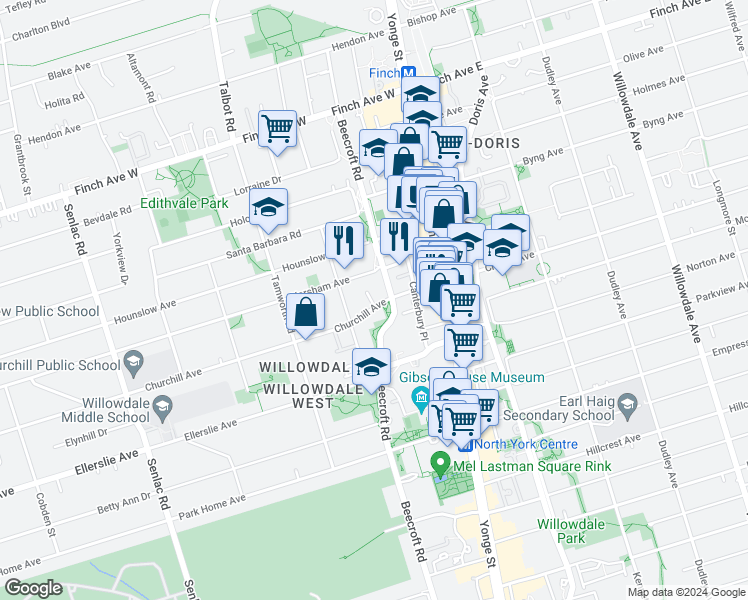 map of restaurants, bars, coffee shops, grocery stores, and more near 1 Flax Field Lane in Toronto