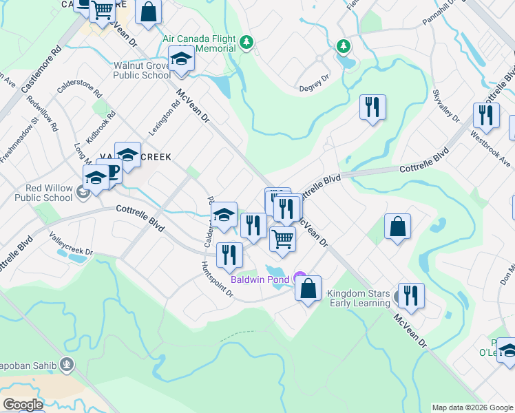 map of restaurants, bars, coffee shops, grocery stores, and more near 12 Tidewater Road in Brampton