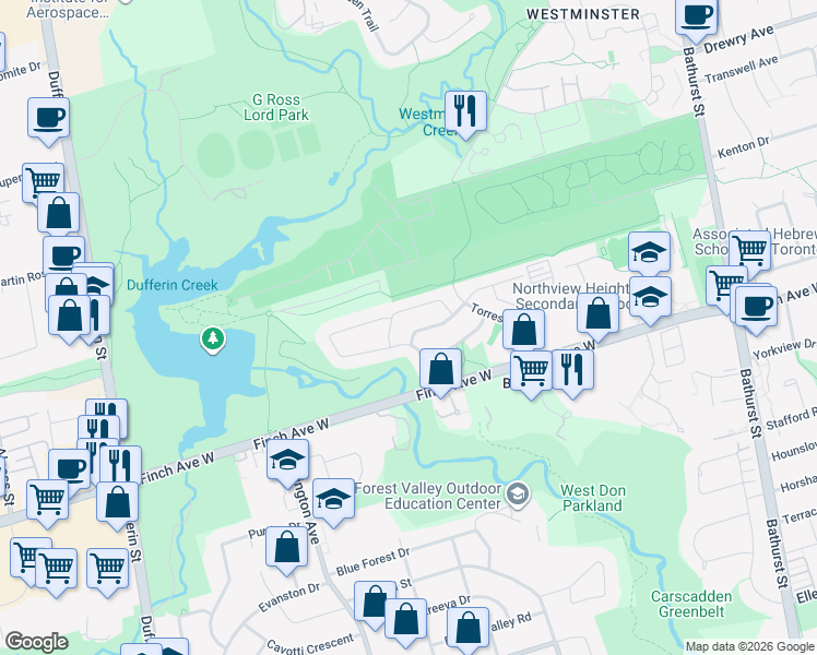 map of restaurants, bars, coffee shops, grocery stores, and more near 50 Ivan Nelson Drive in Toronto