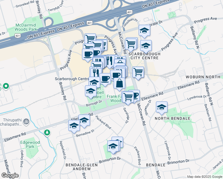 map of restaurants, bars, coffee shops, grocery stores, and more near 50 Town Centre Court in Toronto