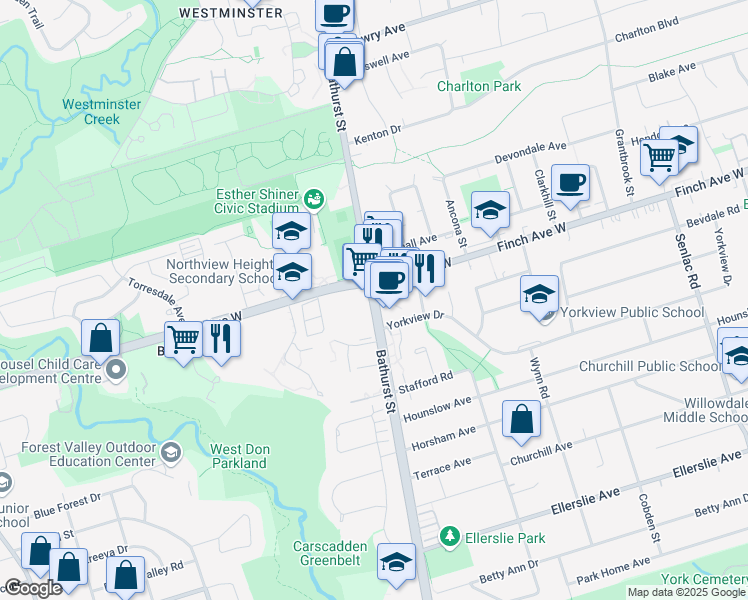 map of restaurants, bars, coffee shops, grocery stores, and more near 4926 Bathurst Street in Toronto