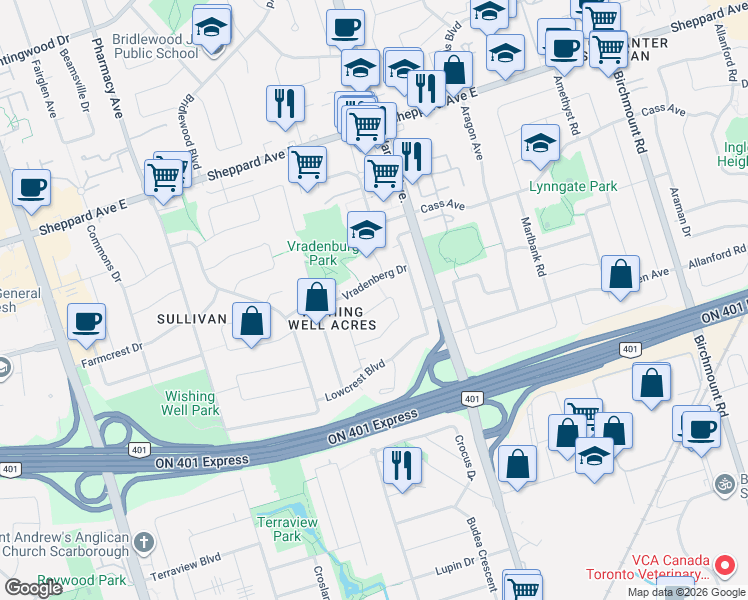 map of restaurants, bars, coffee shops, grocery stores, and more near 46 Shrewsbury Square in Toronto