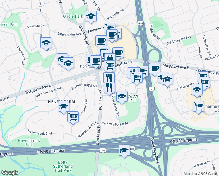 map of restaurants, bars, coffee shops, grocery stores, and more near 56 Forest Manor Road in Toronto