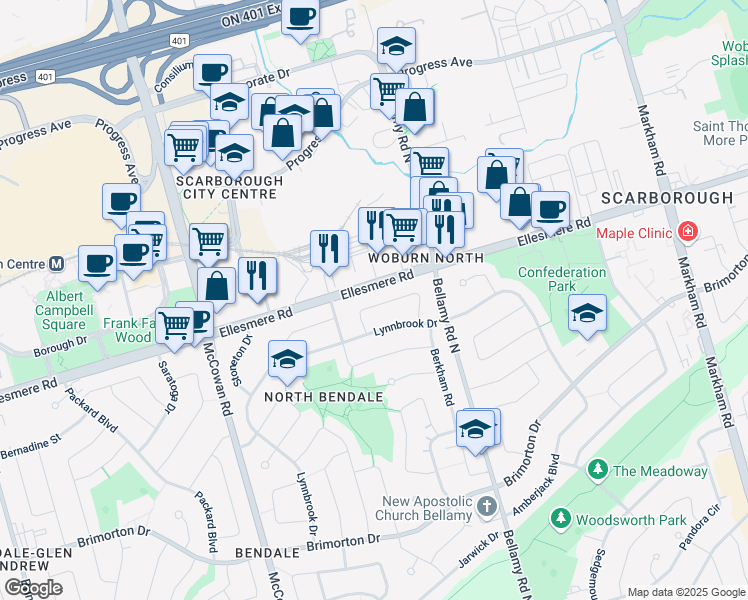 map of restaurants, bars, coffee shops, grocery stores, and more near 20 Sunderland Crescent in Toronto