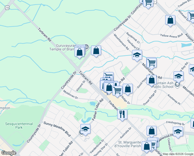 map of restaurants, bars, coffee shops, grocery stores, and more near in Brampton